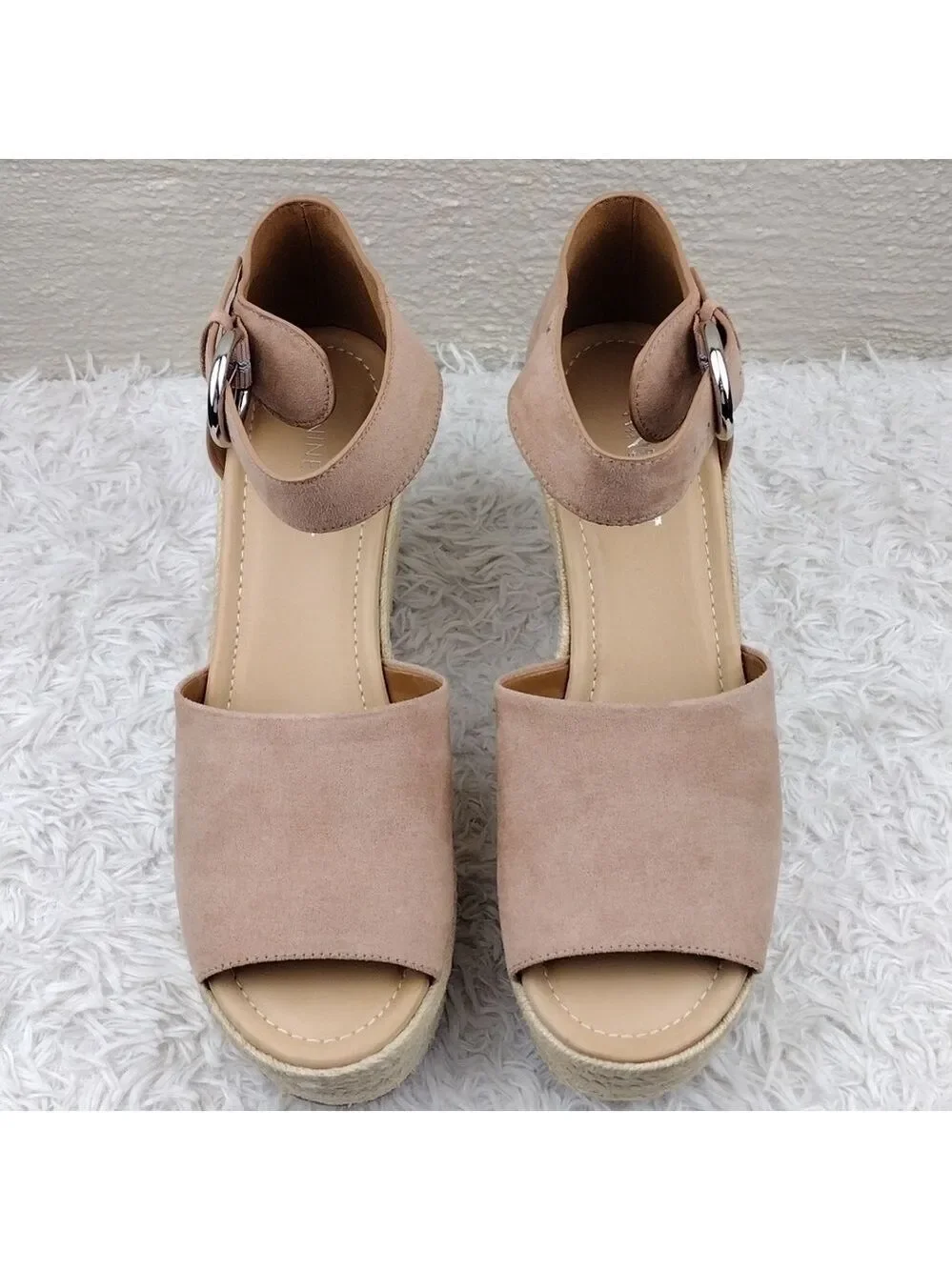 NINE West Adell Pink Faux Suede Open Toe Ankle Strap Platform Wedge Espadrilles